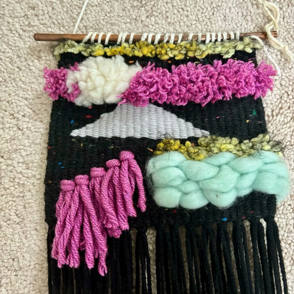 Handwoven Wall Hanging Textile Tapestry Fringe Bohemian Boho 3D Braided Black